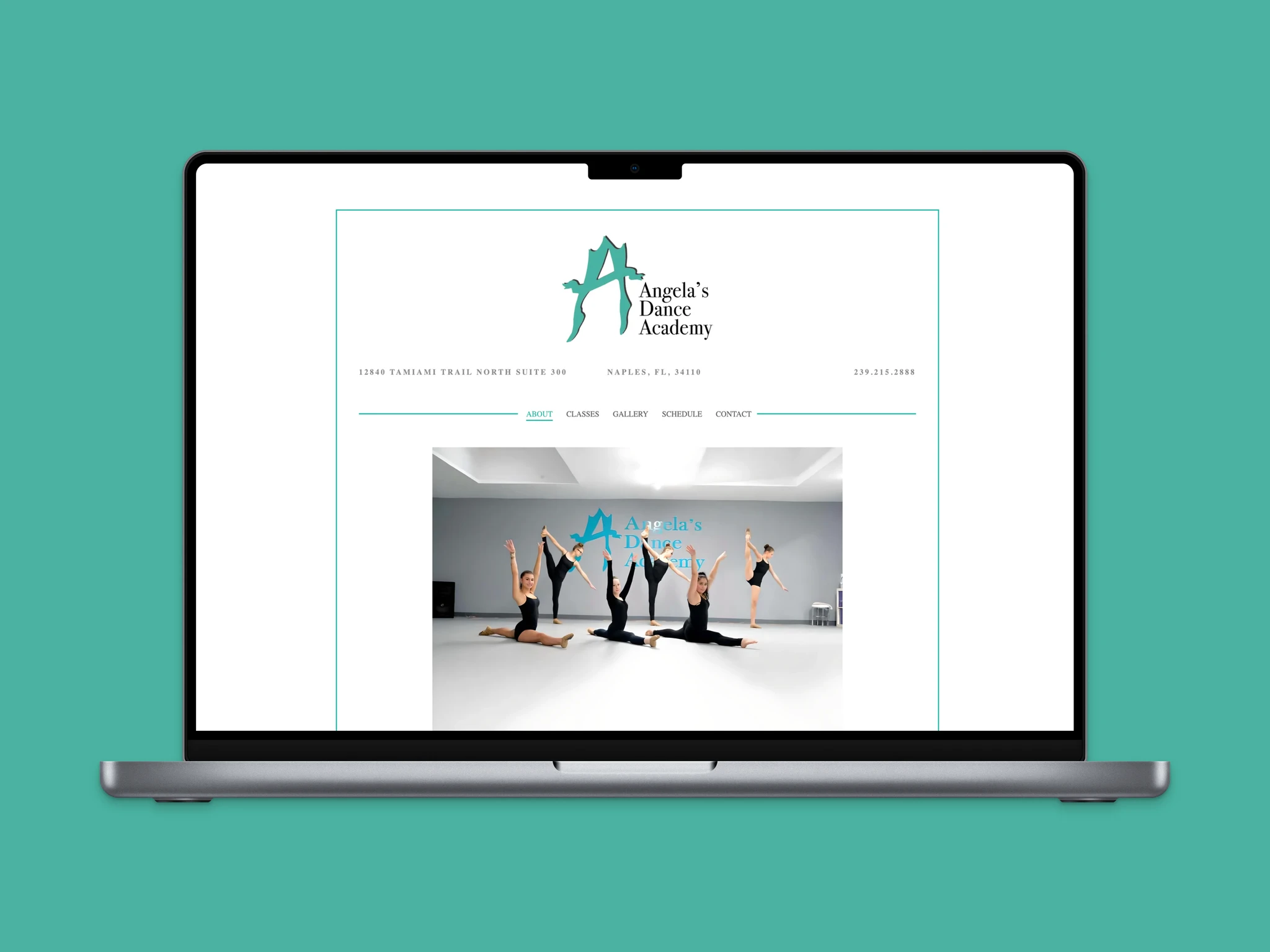 GIF der Angela's Dance Academy-Website, das die Seite von oben nach unten scrollt und verschiedene Abschnitte zeigt.