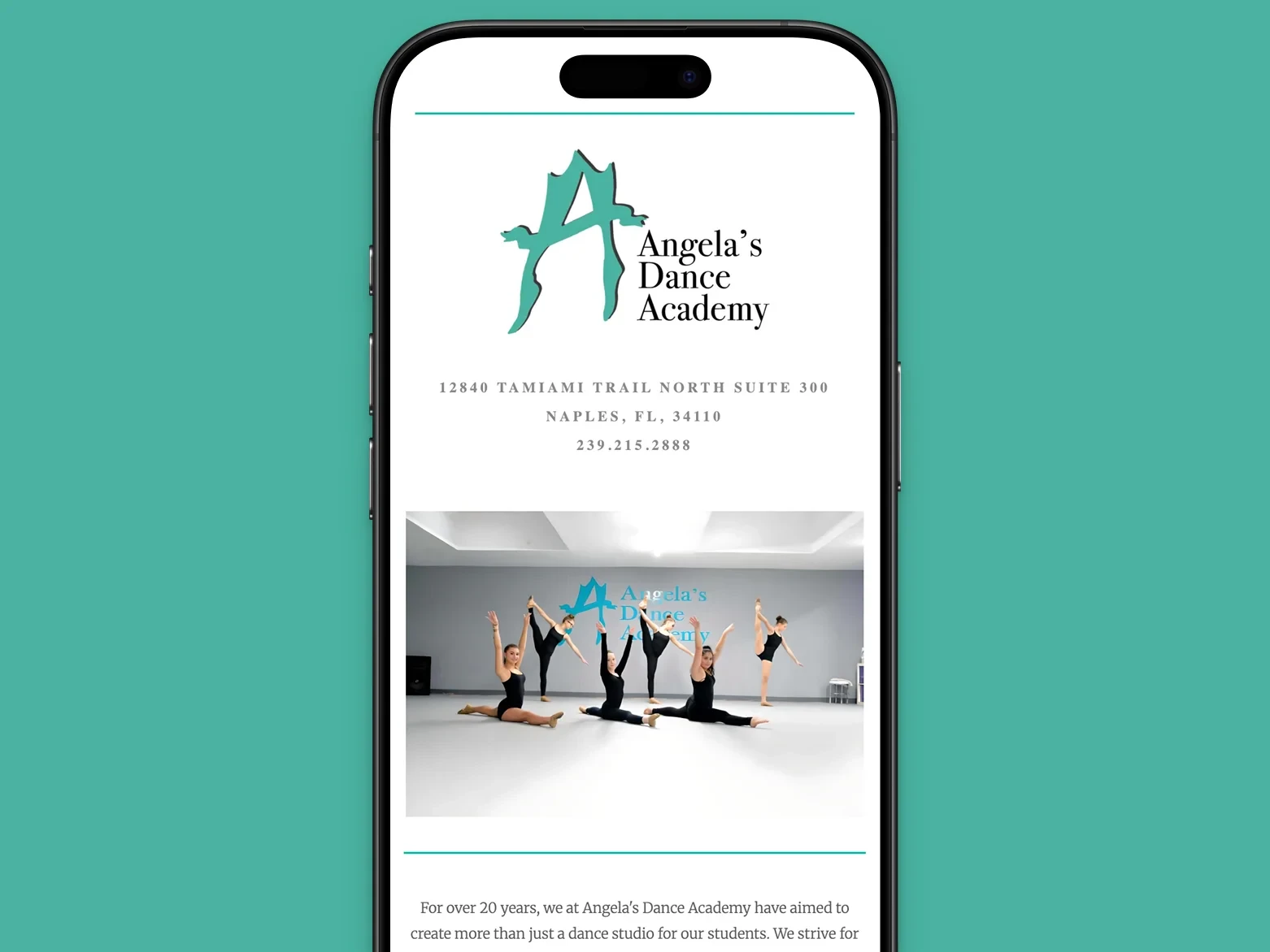 Weitere Ansicht der Angela's Dance Academy Website
