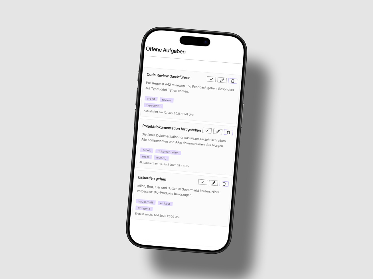 Taskify App Startbildschirm mit Aufgabenliste.