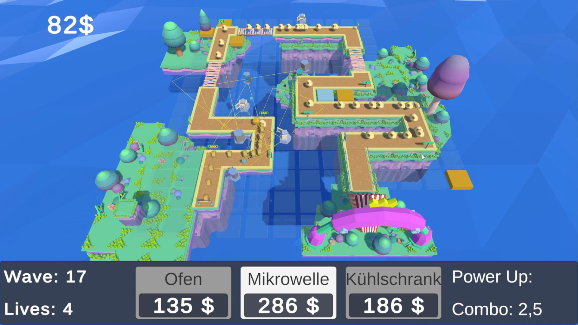 Tower Buddys Spielansicht mit strategischen Elementen.